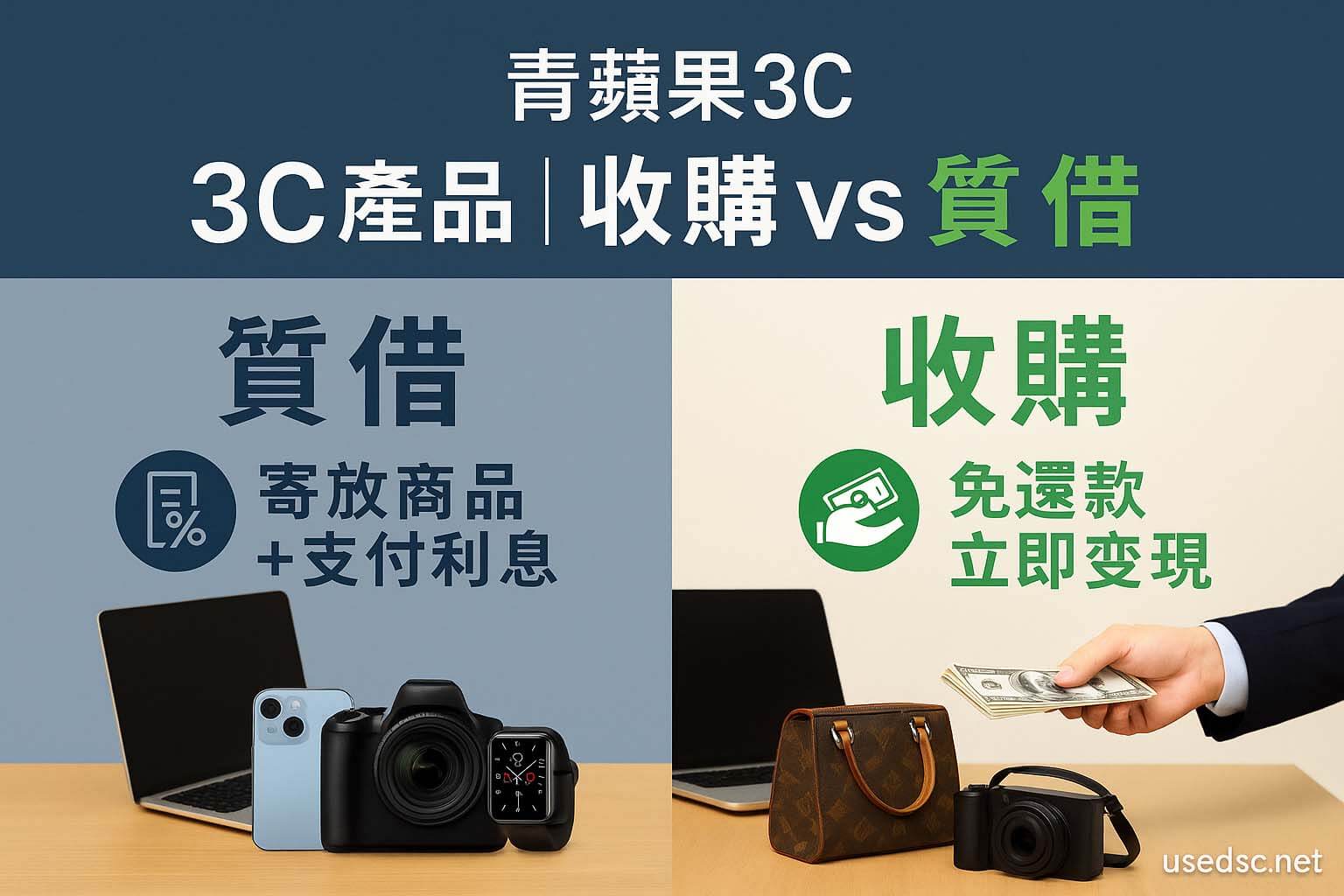 used3c｜二手3C 收購回收 vs 質借借錢比較：手機、相機、筆電、名牌包，現場估價急用錢換現金；質借為寄放商品須支付利息可贖回