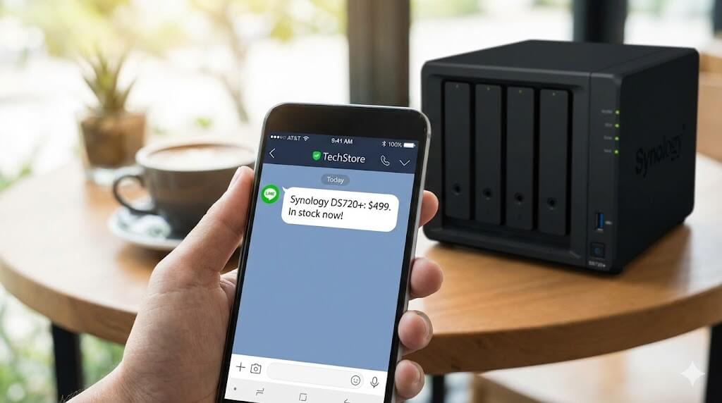 手機顯示 Synology NAS 估價結果與實機 (Smartphone Showing Synology NAS Price Quote and Device)