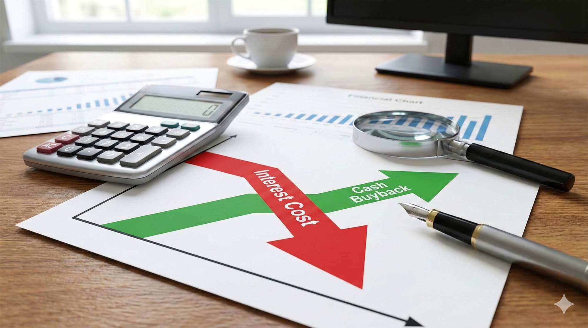 青蘋果3C 製作的財務分析圖表，顯示當鋪利息支出紅線與手機收購現金綠線的對比。