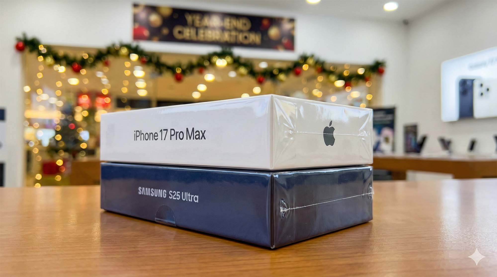 全新未拆封的 iPhone 17 與 S25 Ultra 盒裝堆疊，象徵續約與尾牙獎品 / Stack of brand new sealed iPhone 17 and S25 Ultra boxes, symbolizing contract renewals and lucky draw prizes.